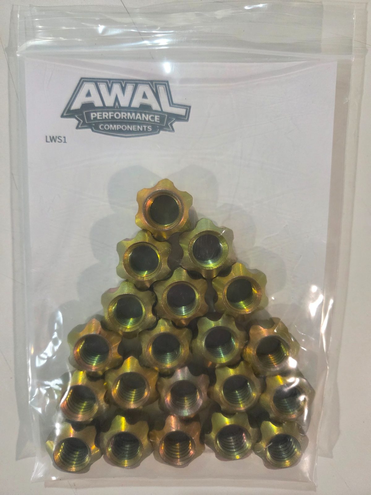 AWAL Performance Components lightweight racing lug nuts, gold finish, in a labeled bag