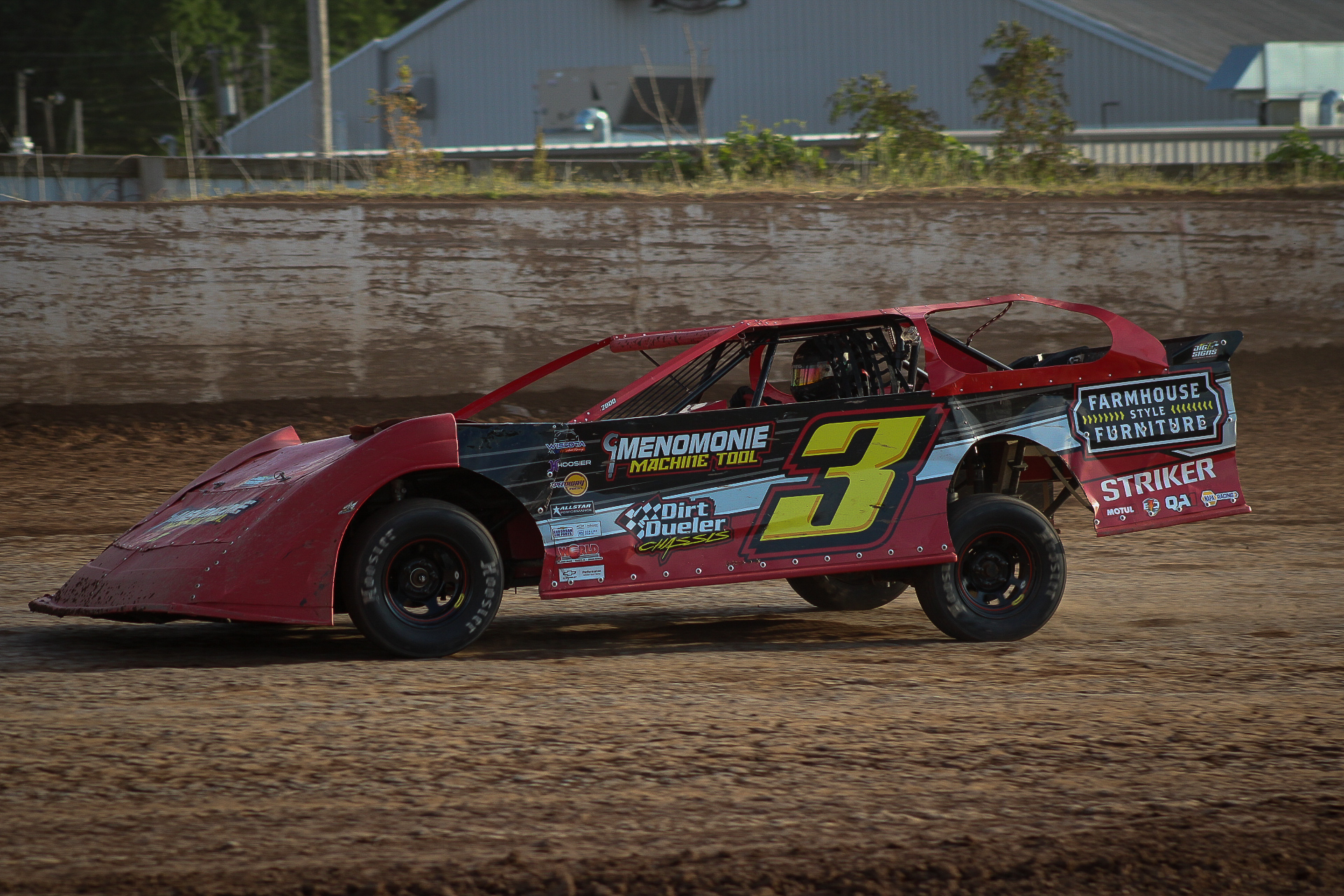 Alex Lessard's red #3 WISSOTA Super Stock on the dirt track