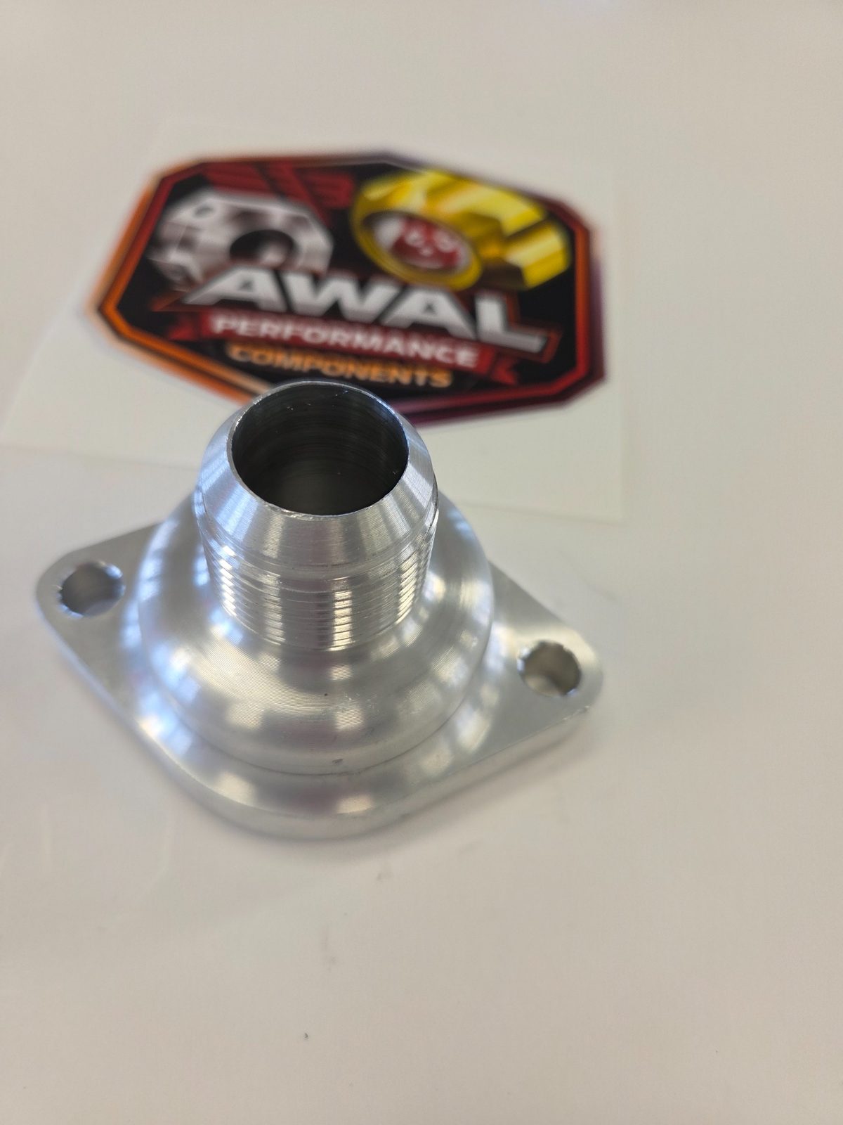 Machined aluminum AWAL flange fitting closeup